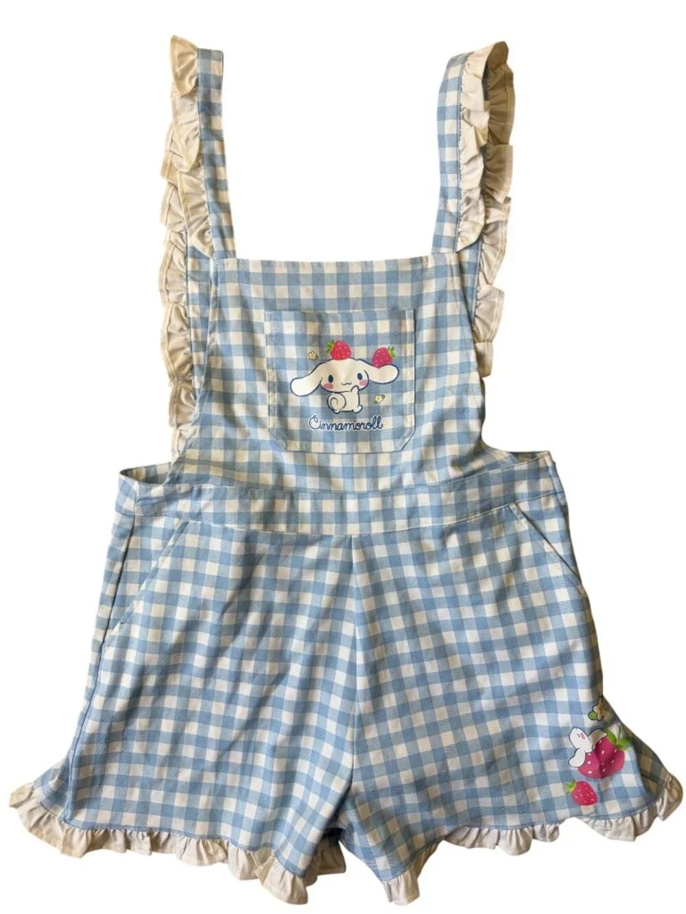 Cinnamoroll Sanrio Gingham Strawberry Ruffle Shortalls Womens XL Kawaii Picnic
